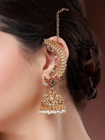 Karatcart Red and Green Gold Plated Peacock Design Kaanchain Jhumki Earrings for Women