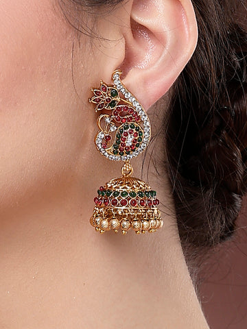 Karatcart Red and Green Gold Plated Peacock Design Jhumki Earrings for Women