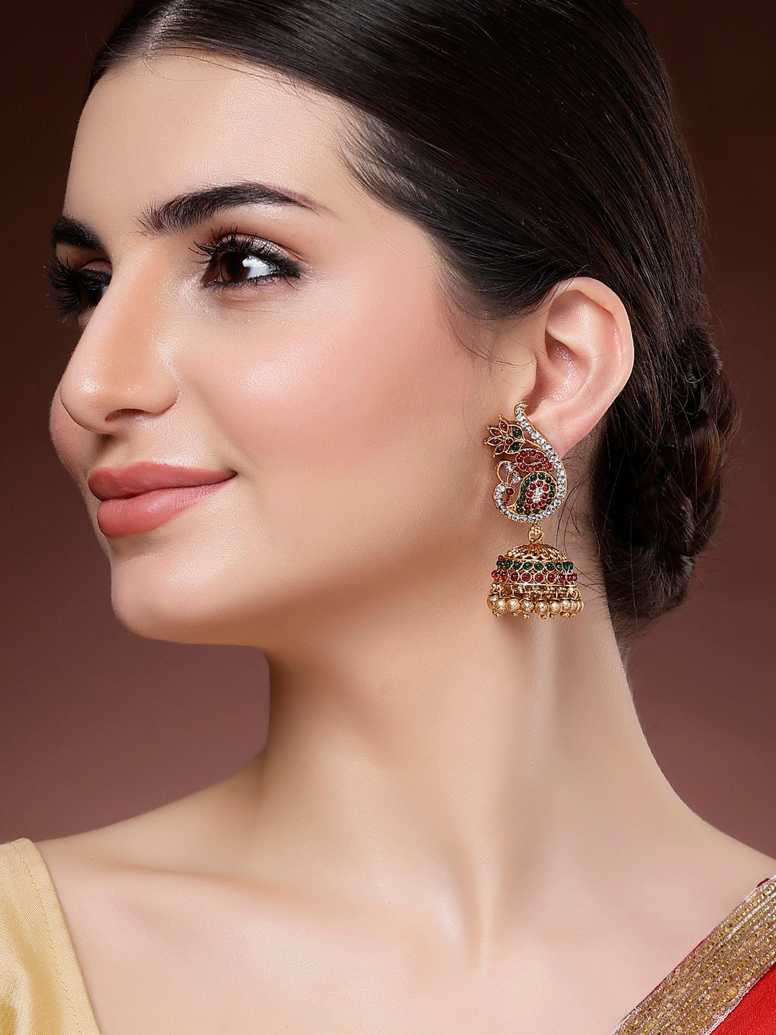 Karatcart Red and Green Gold Plated Peacock Design Jhumki Earrings for Women