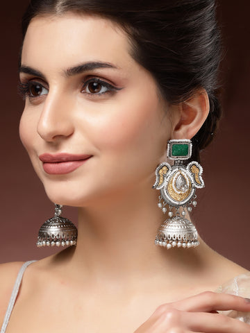 Karatcart Classic Silver and Gold-Plated Jhumka Earrings with Green Carved Stone