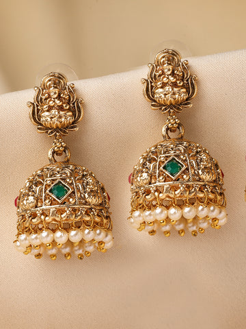 KARATCART Elegant Gold-Plated Lakshmi Mata Temple Jhumki Earrings for Women