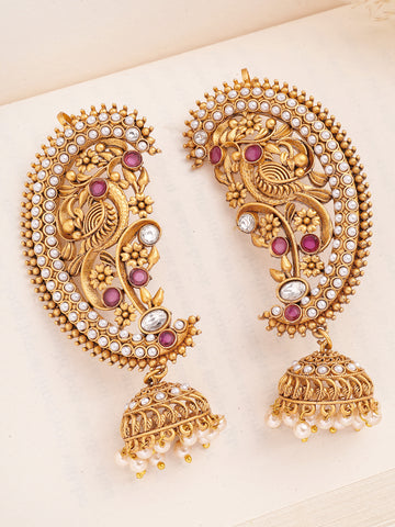 KARATCART Traditional Gold-Plated Peacock Temple Jhumki Earrings with Pearl Drops for Women