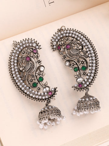 KARATCART Traditional Oxidised Silver Peacock Temple Jhumki Earrings with Pearl Drops for Women