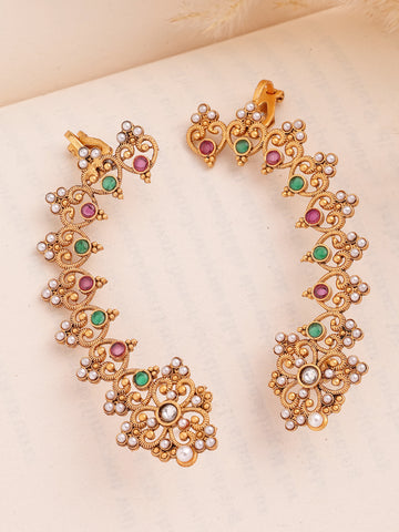 KARATCART Ethnic Gold-Plated Cuff Earrings with Multicolor Stones for Women