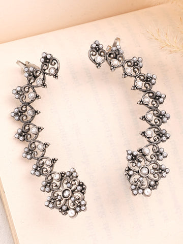 KARATCART Oxidised Silver Cuff Earrings with Multicolor Stones for Women