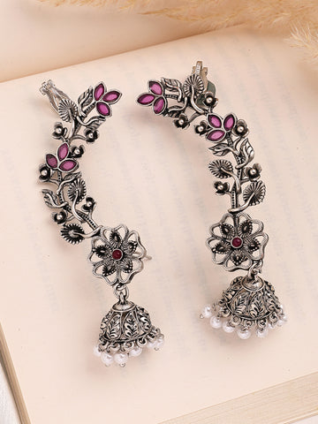 KARATCART Oxidized Silver Designer Floral Jhumki Earrings with Pink Stons for Women