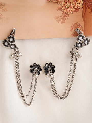 KARATCART Elegant Oxidized Silver Chain Cuff Earrings with Floral Design for Women
