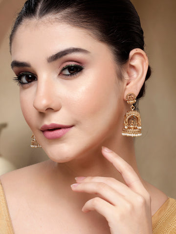 KARATCART Designer Gold-Plated Lakshmi Mata Dome Jhumki Earrings for Women