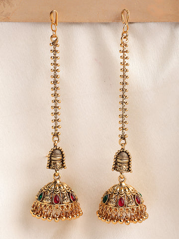 KARATCART Designer Gold-Plated Temple-Inspired Jhumka Earrings with Kaanchain for Women