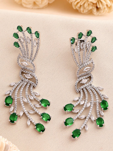 KARATCART Stylish Green American Diamond Silver-Plated Premium Drop Earrings for Women