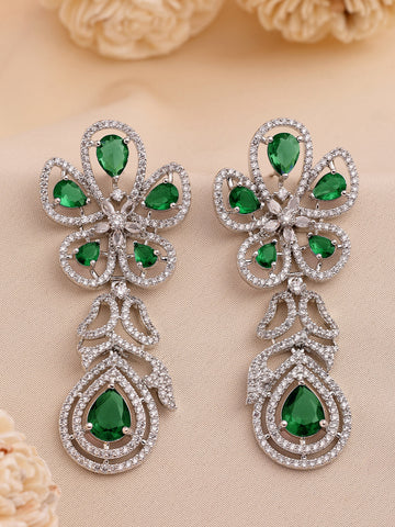 KARATCART Floral Green American Diamond Silver-Plated Premium Drop Earrings for Women