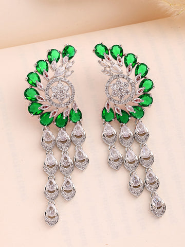 KARATCART Premium Silver-Plated Green Teardrop American Diamond Dangler Earrings for Women