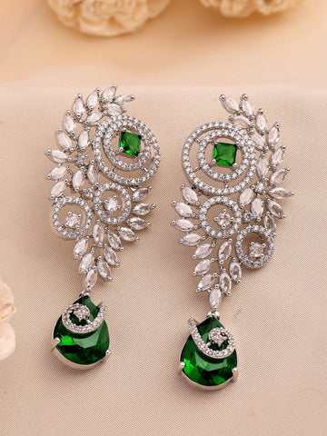 KARATCART Glamorous Silver-Plated Green Teardrop American Diamond Drop Earrings for Women