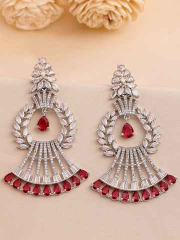KARATCART Sparkling Silver-Toned Red and White American Diamond Drop Earrings for Women
