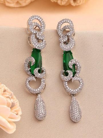 KARATCART Designer Green Teardrop American Diamond Silver-Plated Drop Earrings for Women