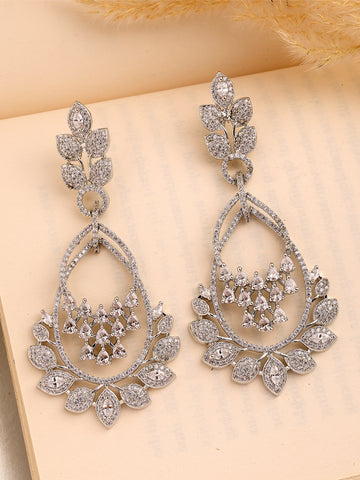 KARATCART Stunning Silver Finish American Diamond Leaf Dangler Earrings for Women