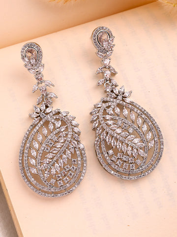 KARATCART Classic Silver-Plated American Diamond Oval Drop Earrings for Women