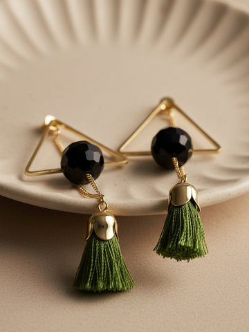 Metal Gold Geometrical Earrings adorned with green thread tassels