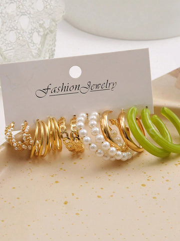 Bohey by KARATCART Gold Plated Combo of 6 Pairs Fashion White Pearl Hoop Earrings Set for Women