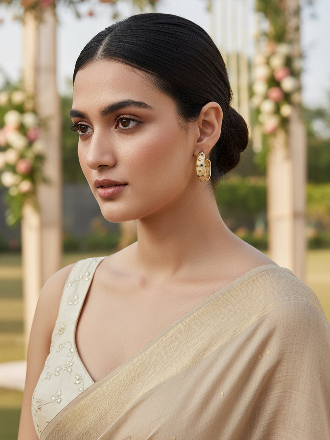 Bohey by KARATCART Gold Plated Multicolor Stone Studded Half Hoop Earrings