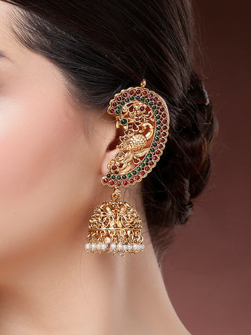 Karatcart Gold Plated Red and Green Peacock Shape Kaanchain Jhumki Earrings for Women
