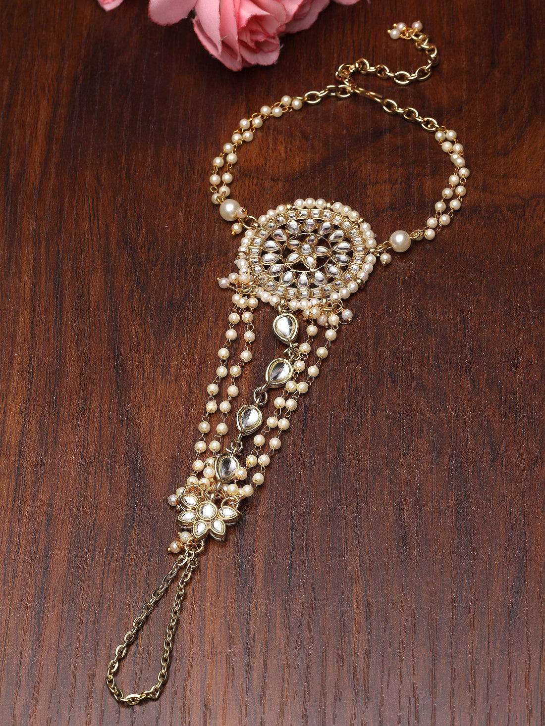 Karatcart Gold Plated Floral Design Kundan Hathphool for Women