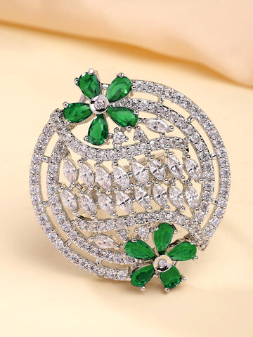 KARATCART Silver Plated green american diamond cocktail ring for women