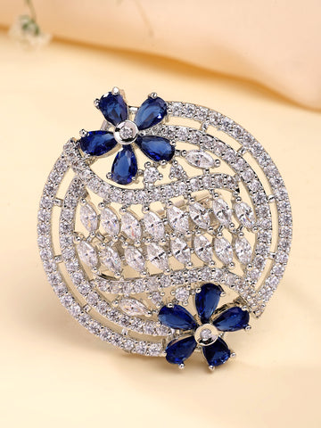 KARATCART Silver Plated blue american diamond cocktail ring for women