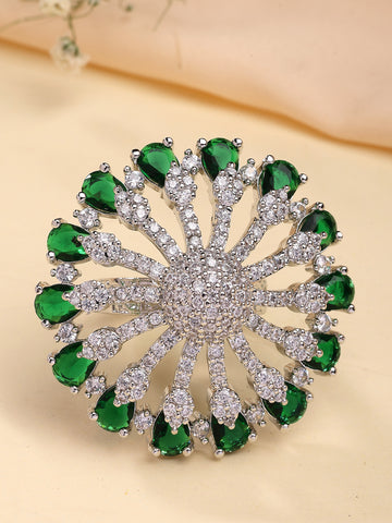 KARATCART Silver Plated green american diamond cocktail ring for women