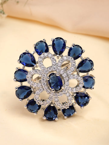 KARATCART Silver Plated blue amarican diamond coctail ring for women