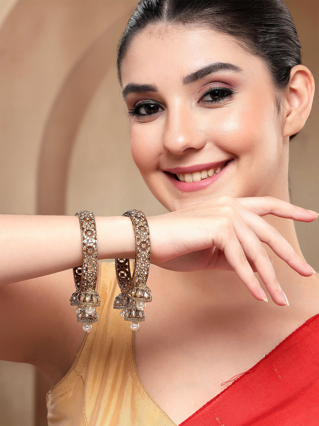 KARATCART Antique Gold-Plated Jhumka Studded Bridal Bangles for Women