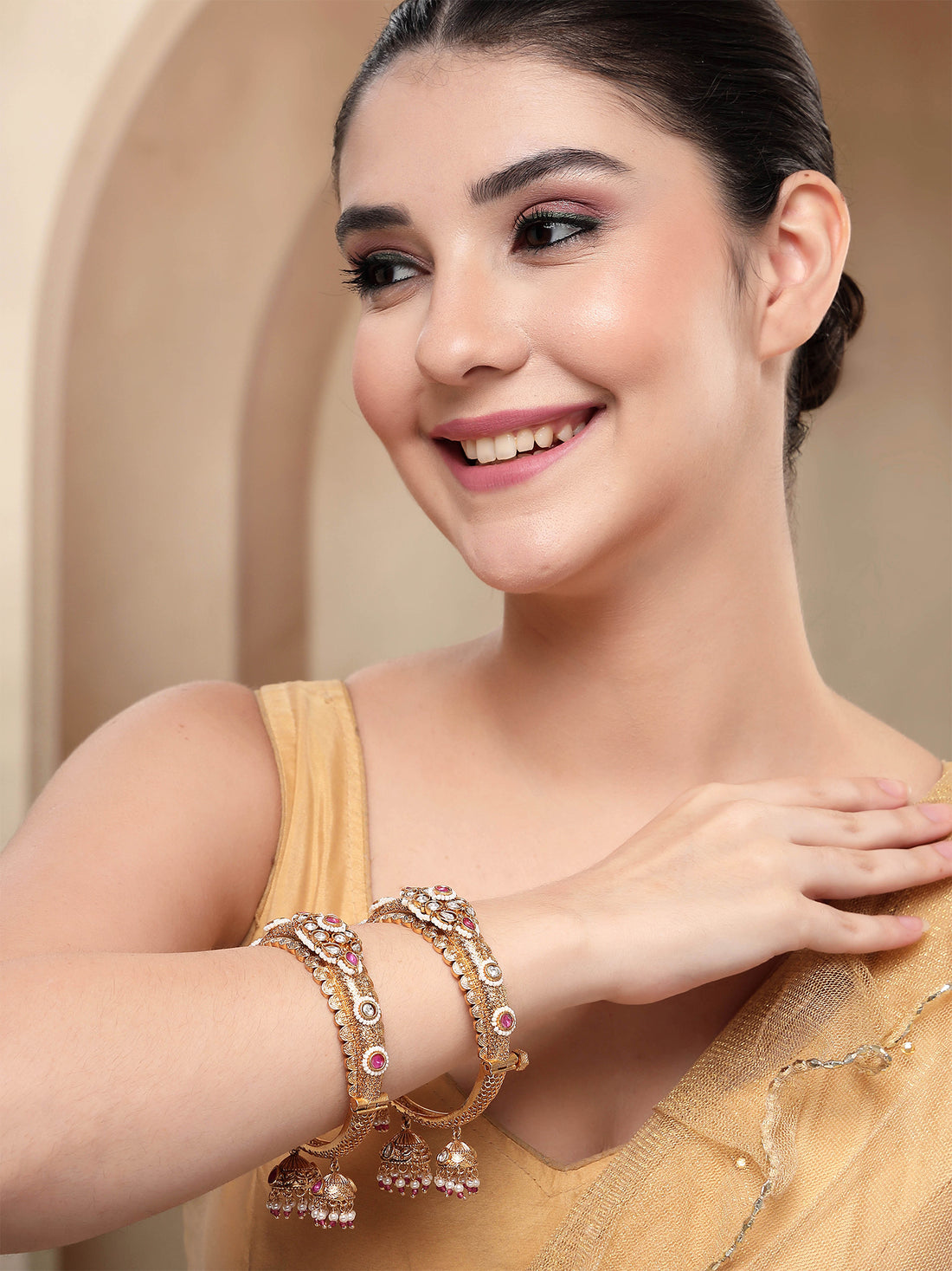 KARATCART Traditional Royal Design Gold-Plated Red Stone Bridal Jhumka Bangles for Women