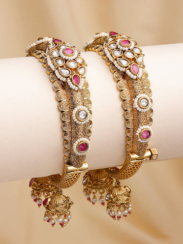KARATCART Traditional Royal Design Gold-Plated Red Stone Bridal Jhumka Bangles for Women