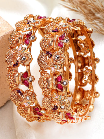 KARATCART Glamorous Purple Meenakari Temple-Inspired Peacock Gold-Plated Bangles for Women