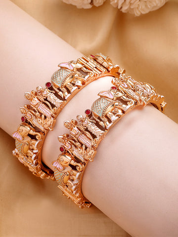 KARATCART Traditional Lime Green and Pink Enamel Shri Ram Motif Gold-Plated Bangles for Women