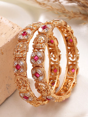 KARATCART Traditional Mata Lakshmi Design Gold-Plated Floral Kundan Temple Bangles for Women