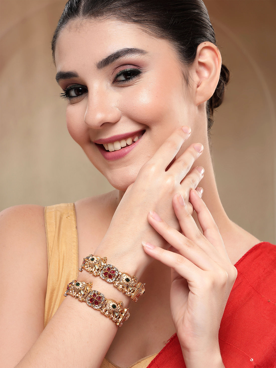 KARATCART Traditional Red Floral Kundan & Elephant Design Gold-Plated Bridal Bangles for Women