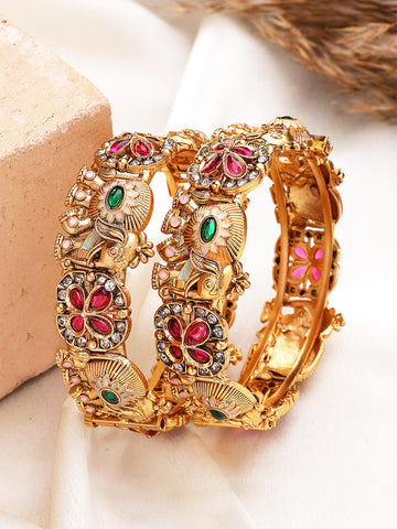 KARATCART Traditional Red Floral Kundan & Elephant Design Gold-Plated Bridal Bangles for Women