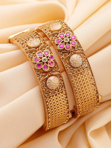 KARATCART Traditional Gold-Plated Royal Design Floral Bridal Bangles for Women