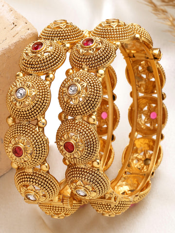 KARATCART Elegant Gold-Plated Red & White Stone Floral Rajwadi Bangles for Women