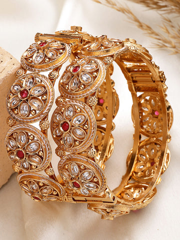 KARATCART Luxurious Gold-Plated Red and White Stone Floral Design Rajwadi Bangles for Women
