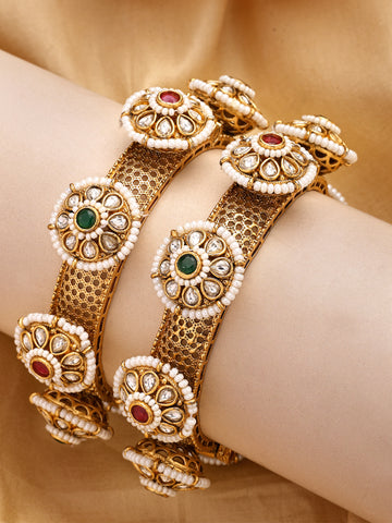 KARATCART Rajwadi Gold-Plated Floral Design Bridal Bangles for Women