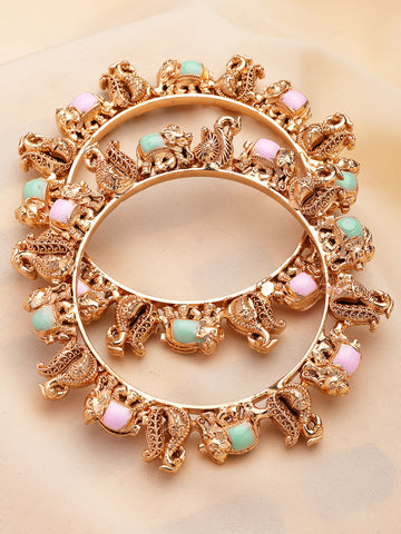 KARATCART Gold-Plated Elephant Design Pink and Lime Green Meenakari Rajwadi Bangles for Women