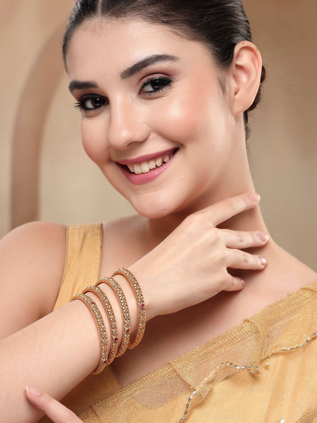 KARATCART Set of 4 Gold-Plated Red Stone Floral Design Bangles for Women