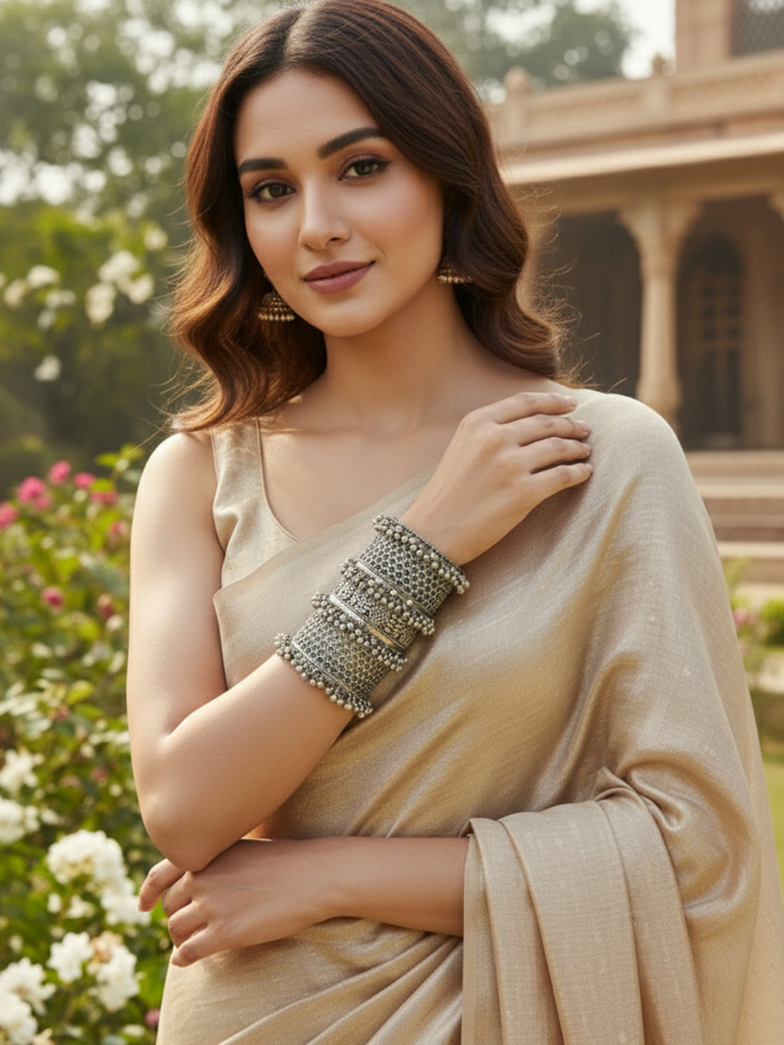 KARATCART Tribal-Inspired Oxidized Silver-Plated Handcrafted Cuff Bangle for Women