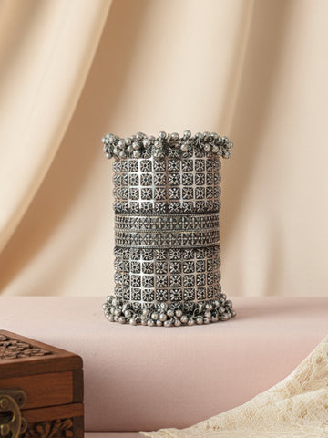 KARATCART Tribal-Inspired Oxidized Silver-Plated Handcrafted Cuff Bangle for Women