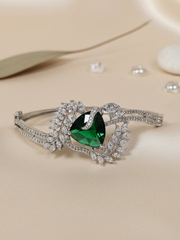 KARATCART Silver Plated Floral Green American Diamond Bracelet for Women
