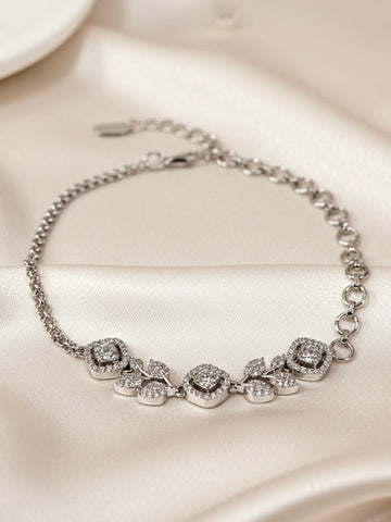 KARATCART Silver Plated Floral American Diamond Link Bracelet for Women