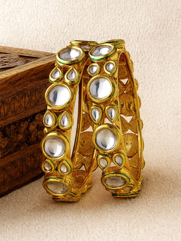 Karatcart Set of 2 Gold Plated Round Polki Kundan Bangles for Women