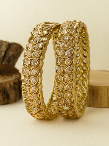 Karatcart Golden Kundan Studded Set of 2 Antique Gold Plated Bangles for Women